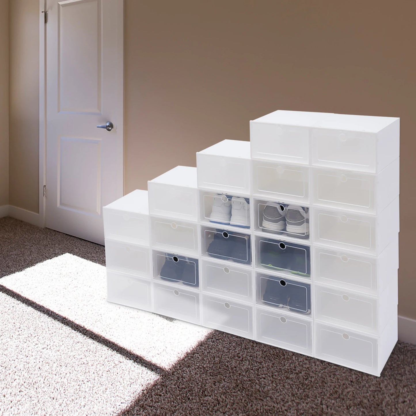 Set of 24 Stackable Shoe Boxes with Clear Covers, DIY Installation & Large Capacity