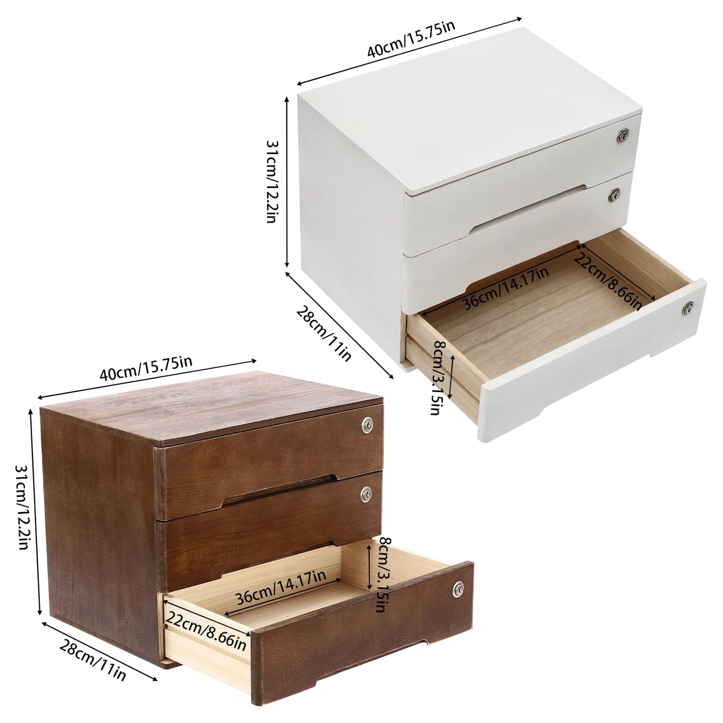 Wooden Desktop Storage Box with Lockable Drawers - Office Supplies Organizer, Flat File Cabinet in White/Walnut
