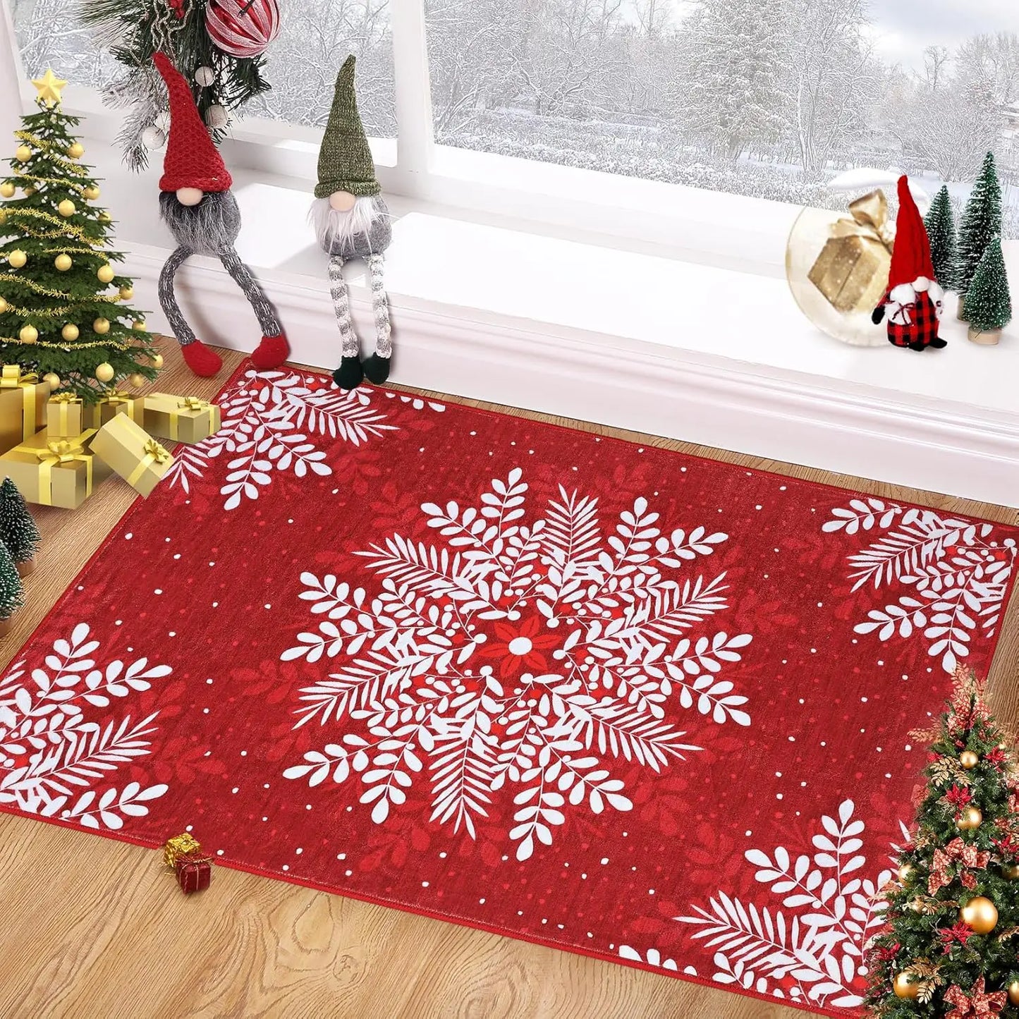 Christmas Snowflake Washable Area Rug Soft Low Pile Large Rugs Non Slip Floor Carpet for Living Room Bedroom Office Decor
