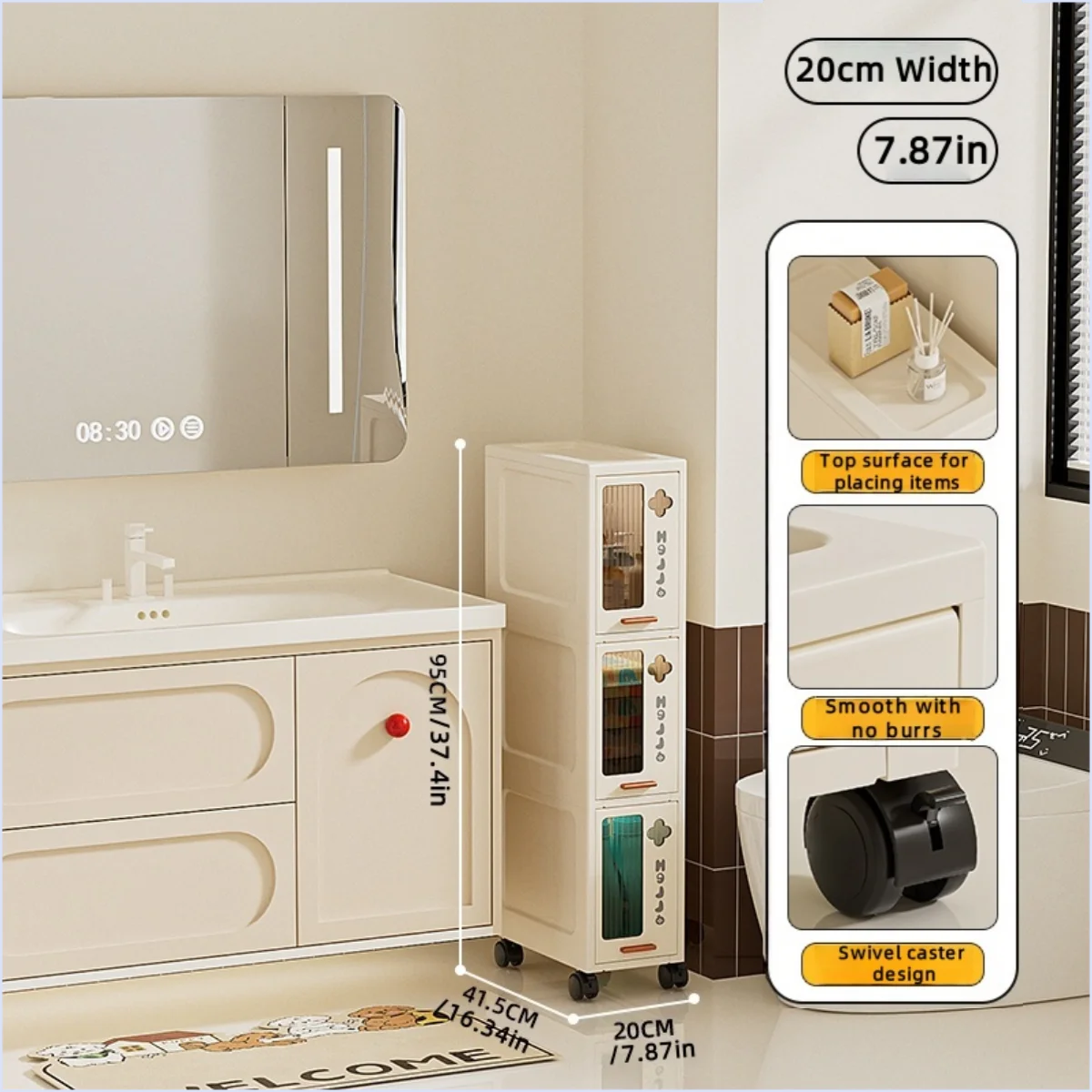 Slim Mobile Storage Cabinet, Space-Saving Narrow Drawer Organizer, Minimalist Multi-Purpose Design for Kitchen/Bathroom/Living