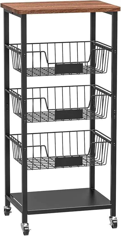 Kitchen Storage Cart, Kitchen Basket, 5-Tier Utility Organizer with Baskets and Wood Top, Rolling Snack Cart with Wheels, Metal