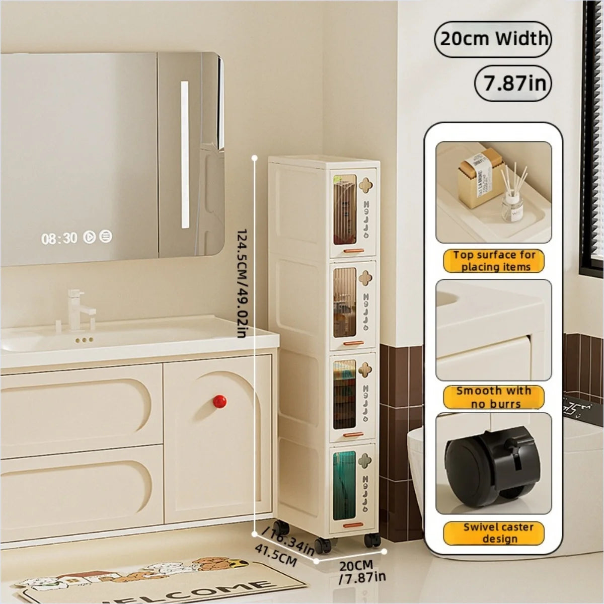 Slim Mobile Storage Cabinet, Space-Saving Narrow Drawer Organizer, Minimalist Multi-Purpose Design for Kitchen/Bathroom/Living