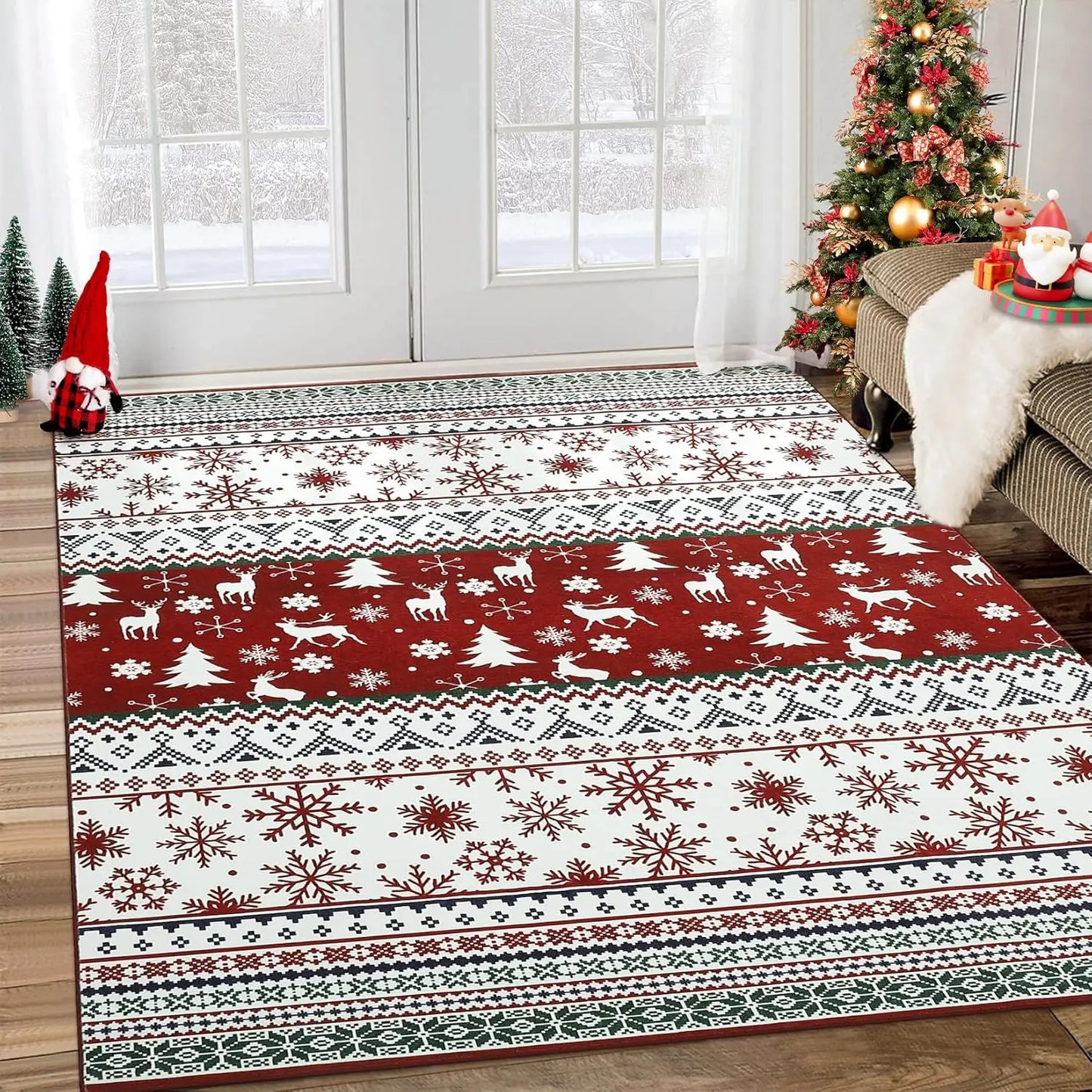 Christmas Boho Washable Area Rugs Large Rug Non-Slip Soft Low Pile Non Shedding Indoor Holiday Decor Carpet for Living Room