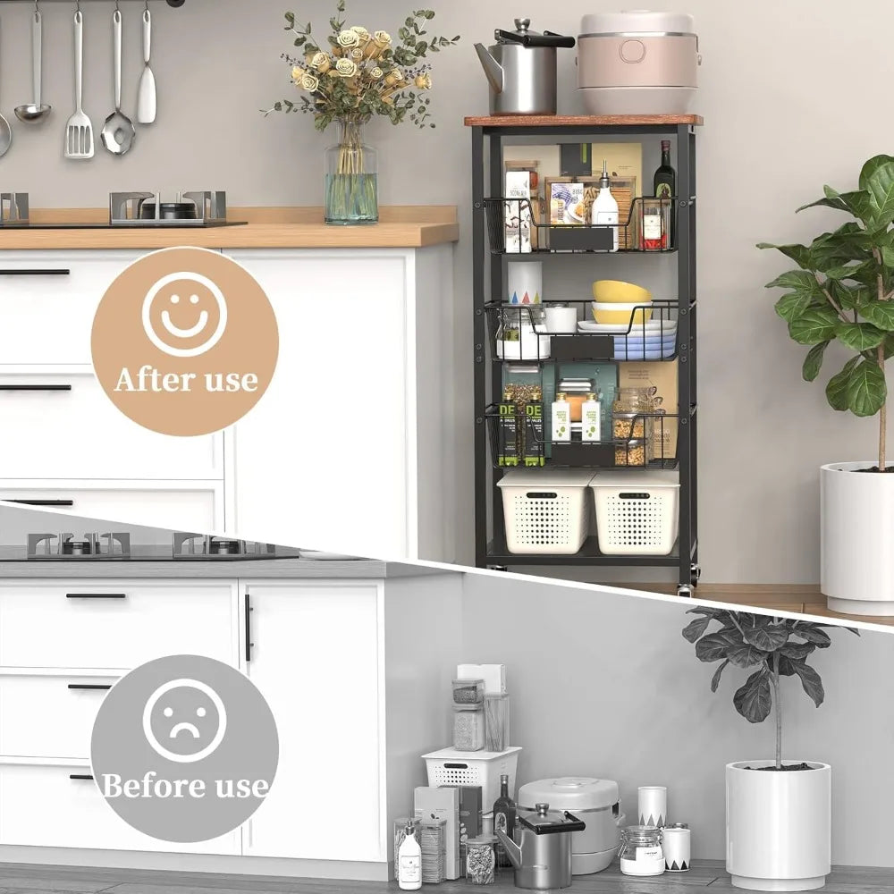 Kitchen Storage Cart, Kitchen Basket, 5-Tier Utility Organizer with Baskets and Wood Top, Rolling Snack Cart with Wheels, Metal