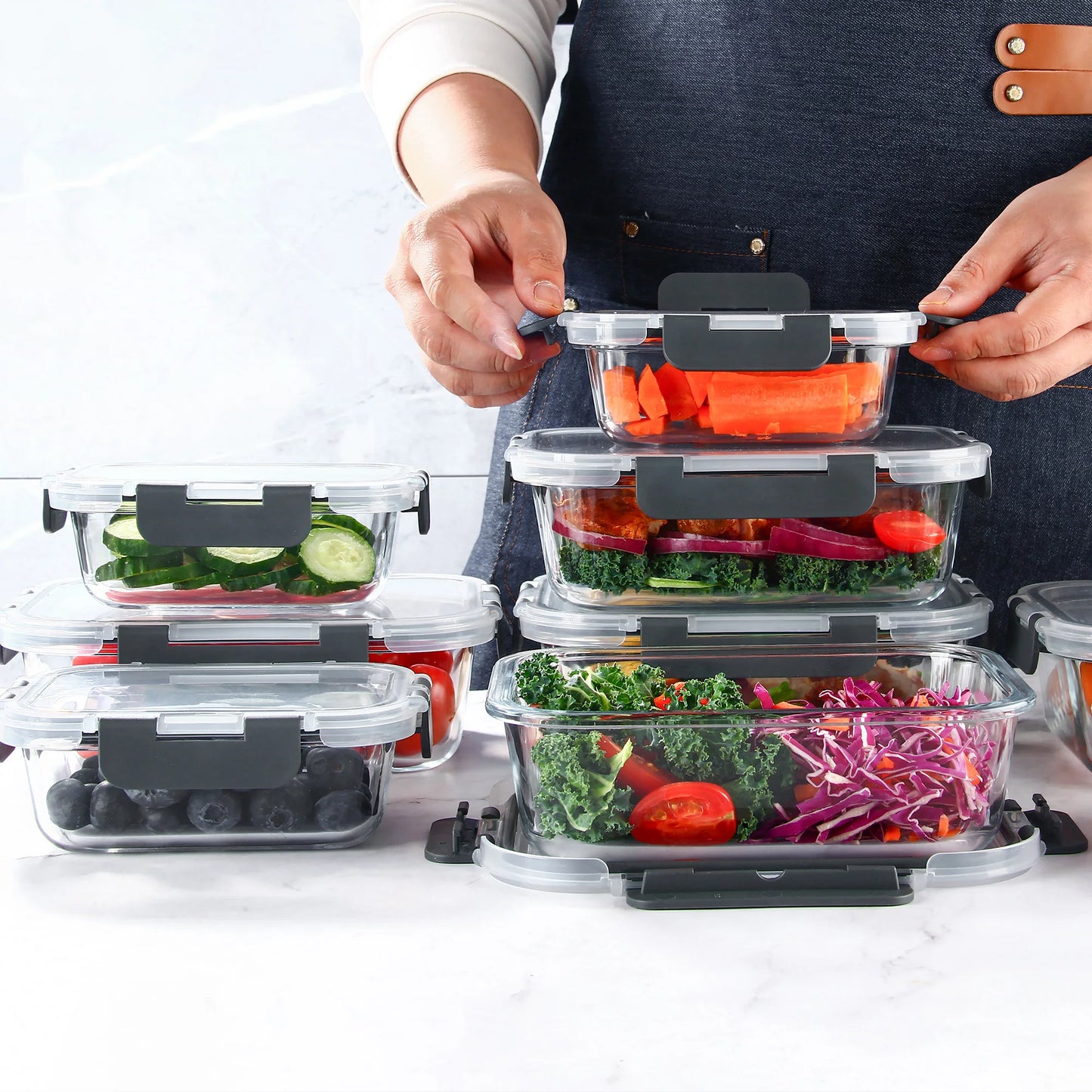 8-Piece Glass Food Storage Containers Set, BPA-Free, Leakproof, Microwave & Oven Safe, 6 Sizes, Borosilicate Glass Lock Lid