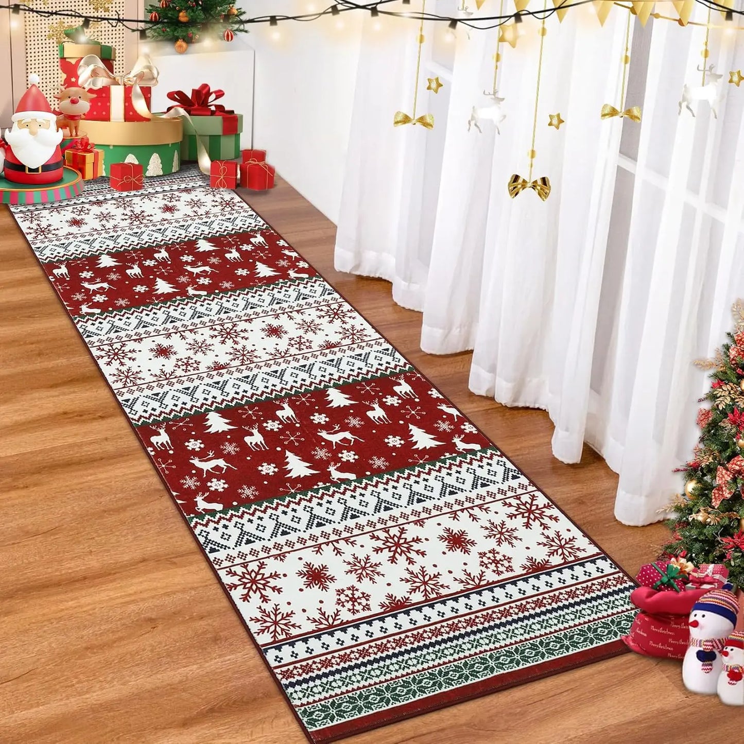 Christmas Boho Washable Area Rugs Large Rug Non-Slip Soft Low Pile Non Shedding Indoor Holiday Decor Carpet for Living Room