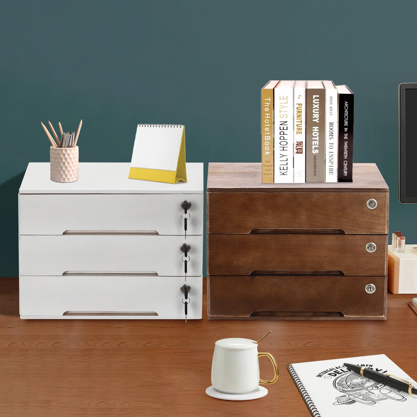 Wooden Desktop Storage Box with Lockable Drawers - Office Supplies Organizer, Flat File Cabinet in White/Walnut