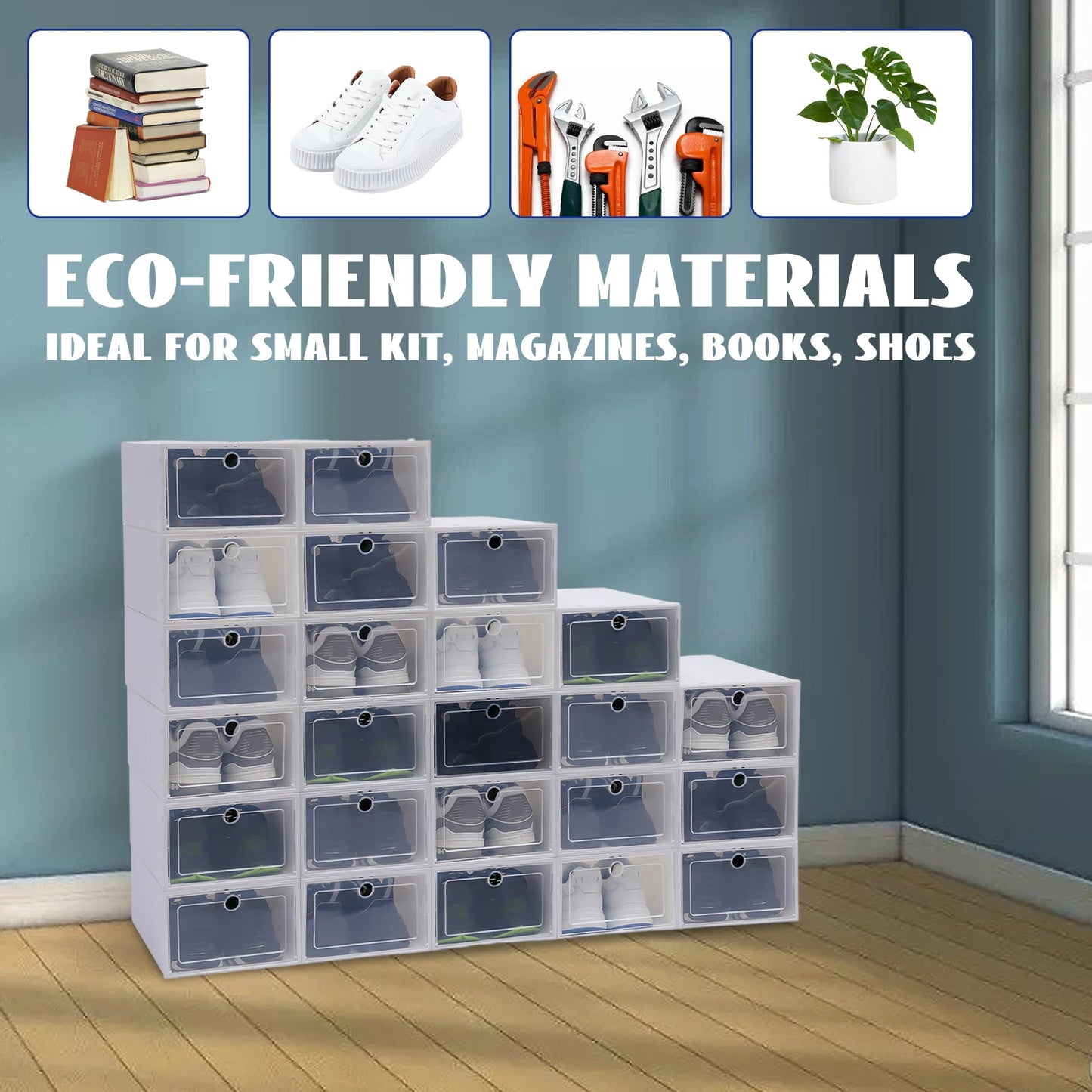 Set of 24 Stackable Shoe Boxes with Clear Covers, DIY Installation & Large Capacity